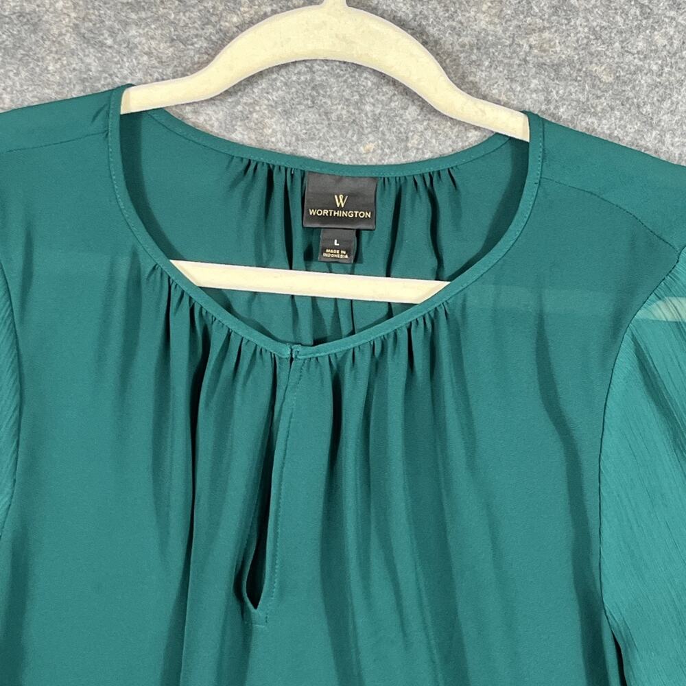 Forest Green Blouse w/ Fluffy Sleeves Women's Size Large‎ Worthington - Picture 2 of 7